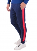 Knitted blue trousers with red stripes