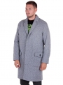 Men's coat is long gray with patch pockets