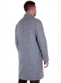 Men's coat is long gray with patch pockets