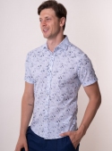 Мужская голубая льняная рубашка с коротким рукавом и растительным принтом