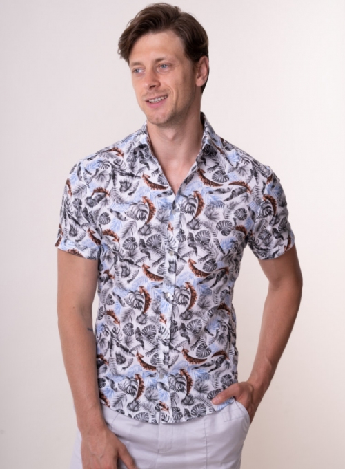 Мужская льняная рубашка с коротким рукавом и растительным принтом