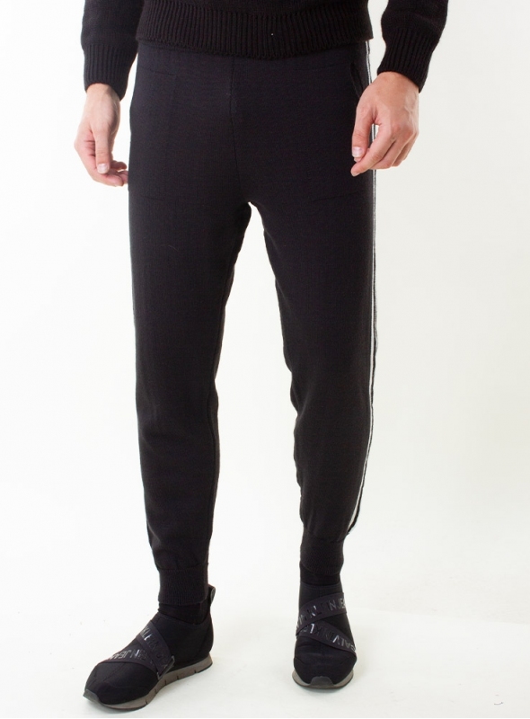 Men's casual pants wool black with white stripes