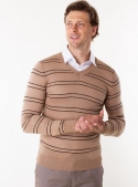 Knitted beige pullover with V-neck and stripes